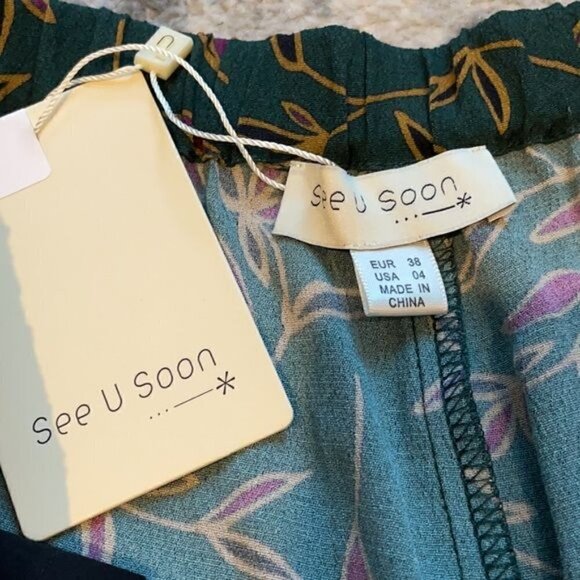 NWT See U Soon Anthropologie Green Purple Floral Trouser Pants Office Sz 4 - Picture 9 of 10